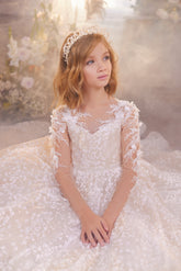 Pentelei Couture Lace Ball Gown for Kids – Long Sleeve Floral Appliqué Dress for Weddings